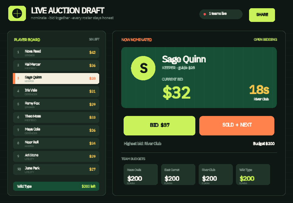 Live Auction Draft Board & Bid Tracker preview
